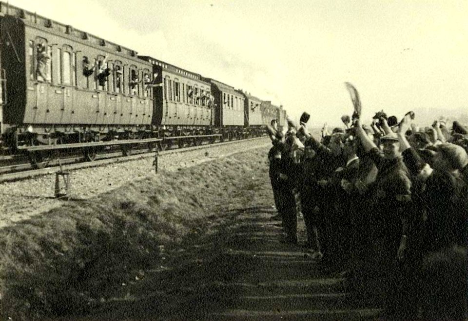 Westerbork, Holland, Jews waving to deportees on a train to Auschwitz