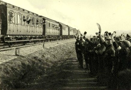 Westerbork, Holland, Jews waving to deportees on a train to Auschwitz