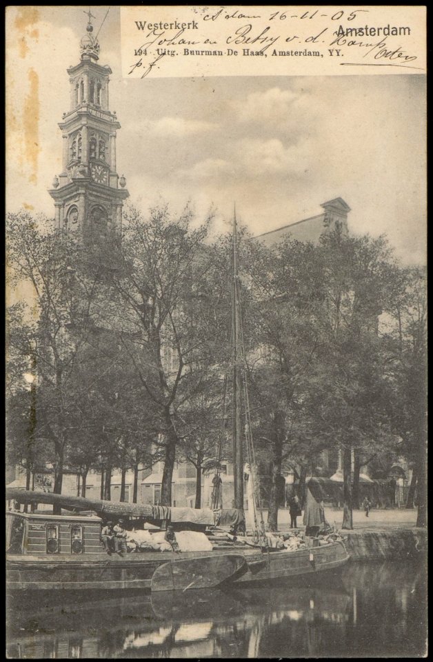 Westermarkt met Westerkerk, op de voorgrond de Keizersgracht. Uitgave Buurman De Haas, Amsterdam, Afb PBKD00295000002