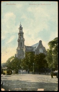 Westermarkt met Westerkerk gezien vanaf de hoek Raadhuisstraat Keizersgracht. Uitgave A. Vigevano, Amsterdam, Afb PBKD00295000006