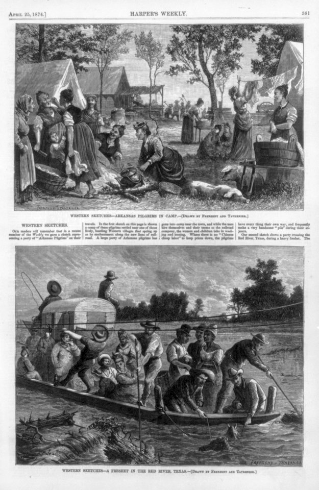 Western sketches - Arkansas pilgrims in camp; a freshet in the Red River, Texas LCCN2006681223