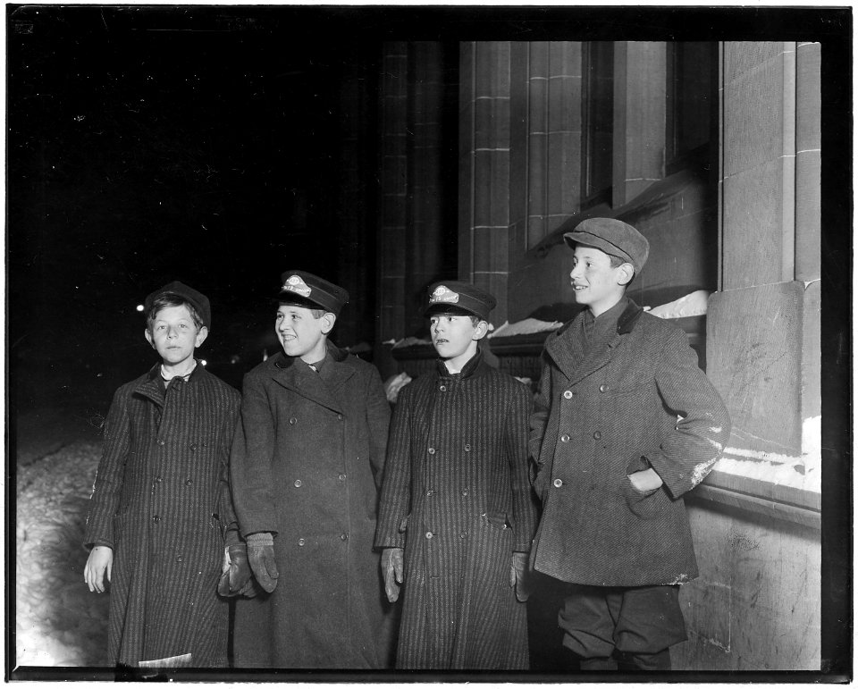 Western Union Messengers on night duty, 10-30 P.M. Left to right, Joseph Strassburg (had just gotten off), Leo... - NARA - 523279