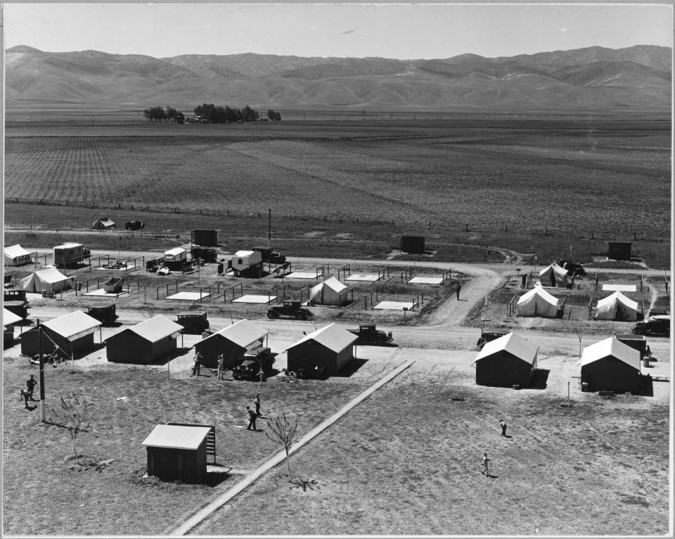Westley, Stanislaus County, San Joaquin, California. Migratory labor camp (F.S.A.) seen from water t . . . - NARA - 521763