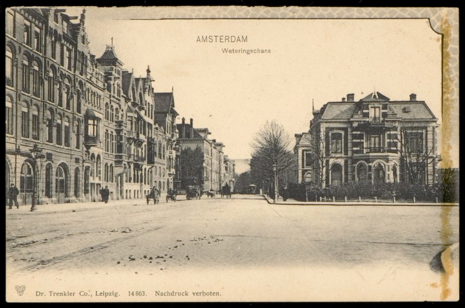 Weteringschans 83-109 en Weteringschans 26 (rechts) bij kruising Spiegelgracht. Uitgave Dr. Trenkler Co. Leipzig, Afb PBKD00073000010