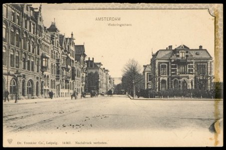 Weteringschans 83-109 en Weteringschans 26 (rechts) bij kruising Spiegelgracht. Uitgave Dr. Trenkler Co. Leipzig, Afb PBKD00073000010