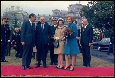 White House Guards and Military Band members arrayed for the visit of Prime Minister Harold P. Wilson of Great Britain