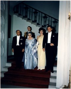 White House Dinner in honor of President of Tunisia. President Habib Bourguiba, Mrs. Bourguiba, Mrs. Kennedy... - NARA - 194199 photo