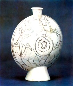 White Porcelain Flat Bottle with Inlaid Flower and Grass Design