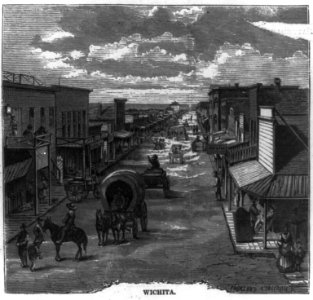 Wichita (Bird's-eye view of Wichita, Kansas, showing covered wagons on broad street) LCCN99614273