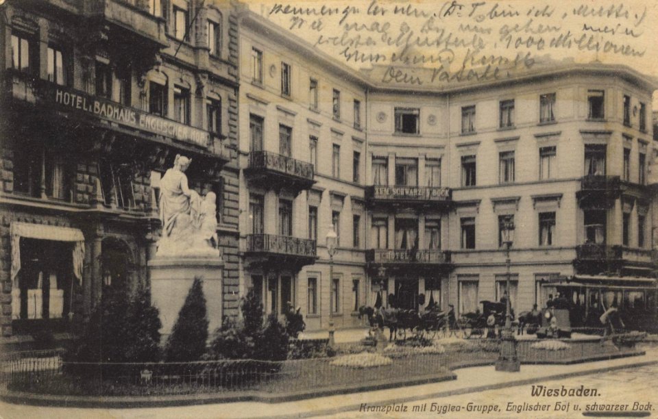Wiesbaden, Hessen - Kranzplatz mit Hygiea-Gruppe, Englischem Hof und Schwarzem Bock (Zeno Ansichtskarten)
