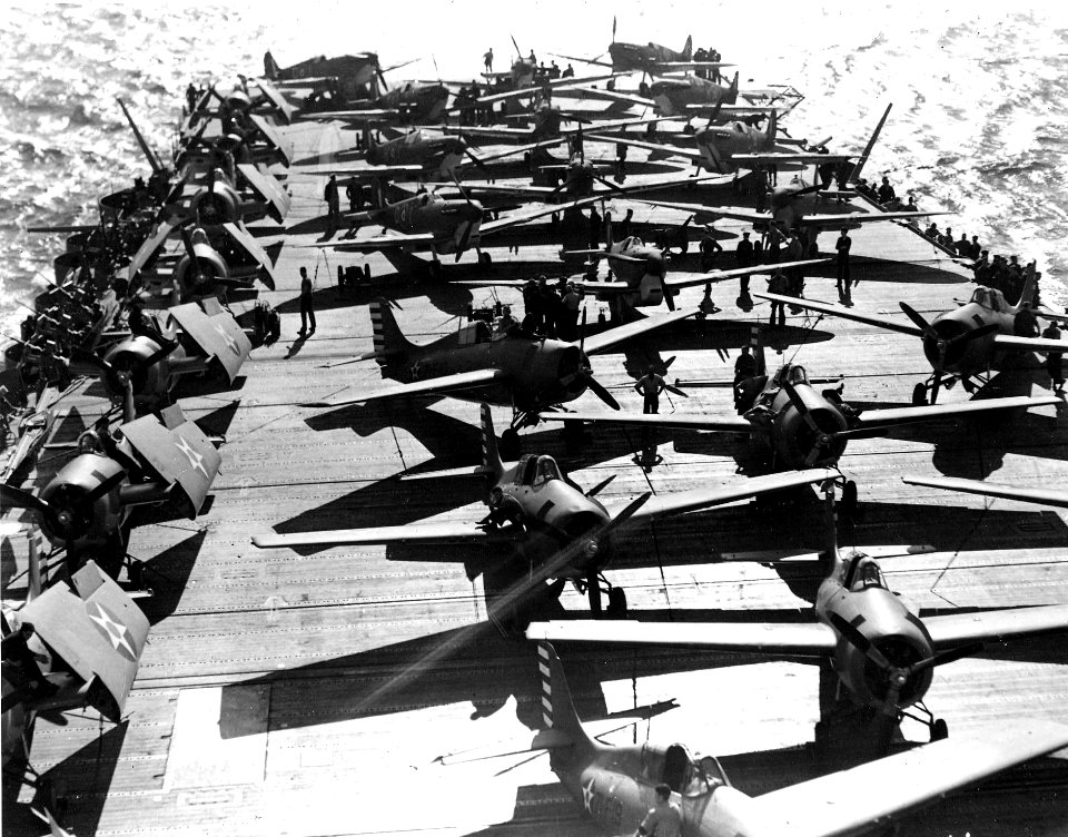Wildcats and Spitfires on USS Wasp (CV-7) in April 1942