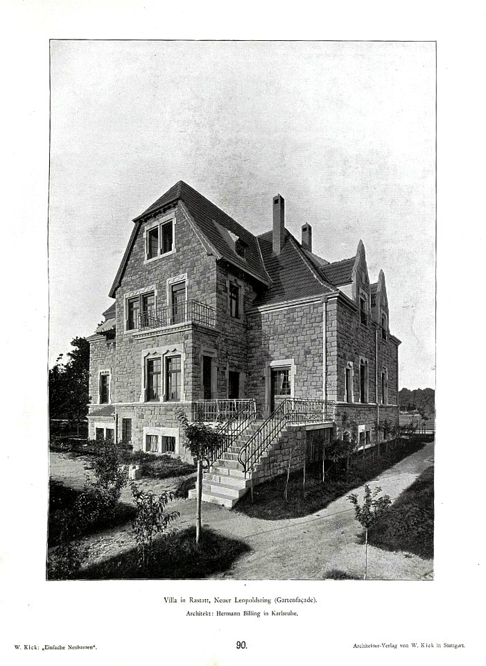 Wilhelm Kick, Einfache Neubauten, Stuttgart 1890, Villa in Rastatt, Neuer Leopoldsring, Gartenfassade, Architekt Hermann Billing in Karlsruhe i.B.