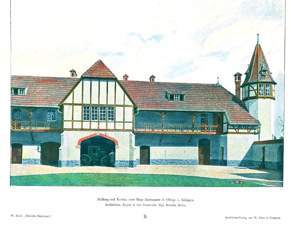 Wilhelm Kick, Einfache Neubauten, Stuttgart 1890, Haus Harthausen, Ohligs bei Solingen, Stallung und Remise, Architekten Kayser & von Groszheim, Königliche Bauräte aus Düsseldorf