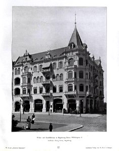 Wilhelm Kick, Einfache Neubauten, Stuttgart 1890, Wohn- und Geschäftshaus in Magdeburg, Kaiser Wilhelmplatz 8, Architekt Georg Grote aus Magdeburg