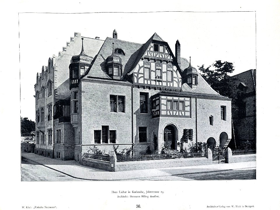 Wilhelm Kick, Einfache Neubauten, Stuttgart 1890, Haus Lieber in Karlsruhe, Jahnstraße 24, Architekt Hermann Billing aus Karlsruhe