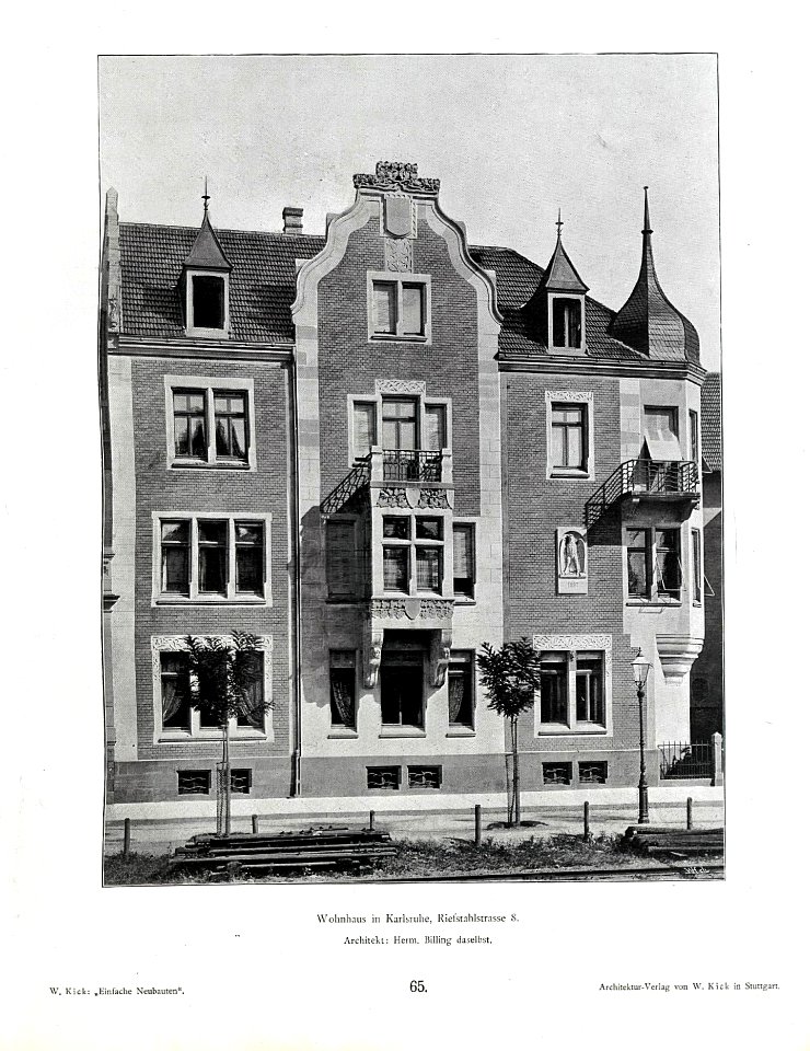 Wilhelm Kick, Einfache Neubauten, Stuttgart 1890, Wohnhaus in Karlsruhe, Riefstahlstraße 8, Architekt Herm. Billing aus Karlsruhe