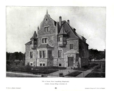 Wilhelm Kick, Einfache Neubauten, Stuttgart 1890, Villa in Rastatt, Neuer Leopoldsring, Hauptfassade, Architekt Hermann Billing in Karlsruhe i.B.