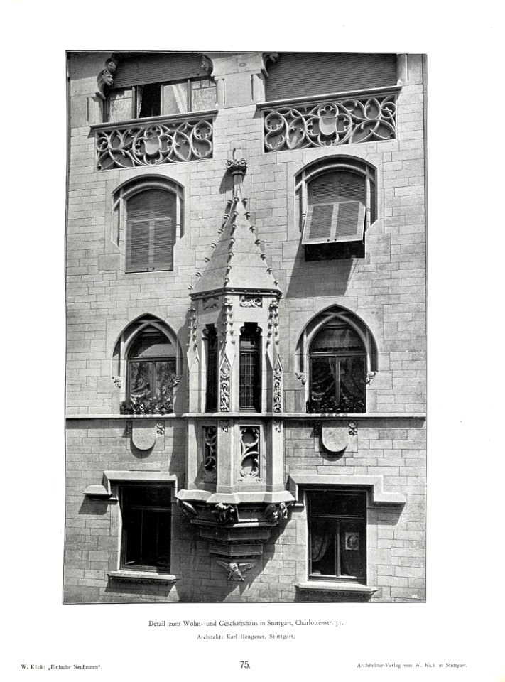 Wilhelm Kick, Einfache Neubauten, Stuttgart 1890, Wohn- und Geschäftshaus in Stuttgart, Charlottenstraße 31, Detail, Architekt Karl Hengerer aus Stuttgart
