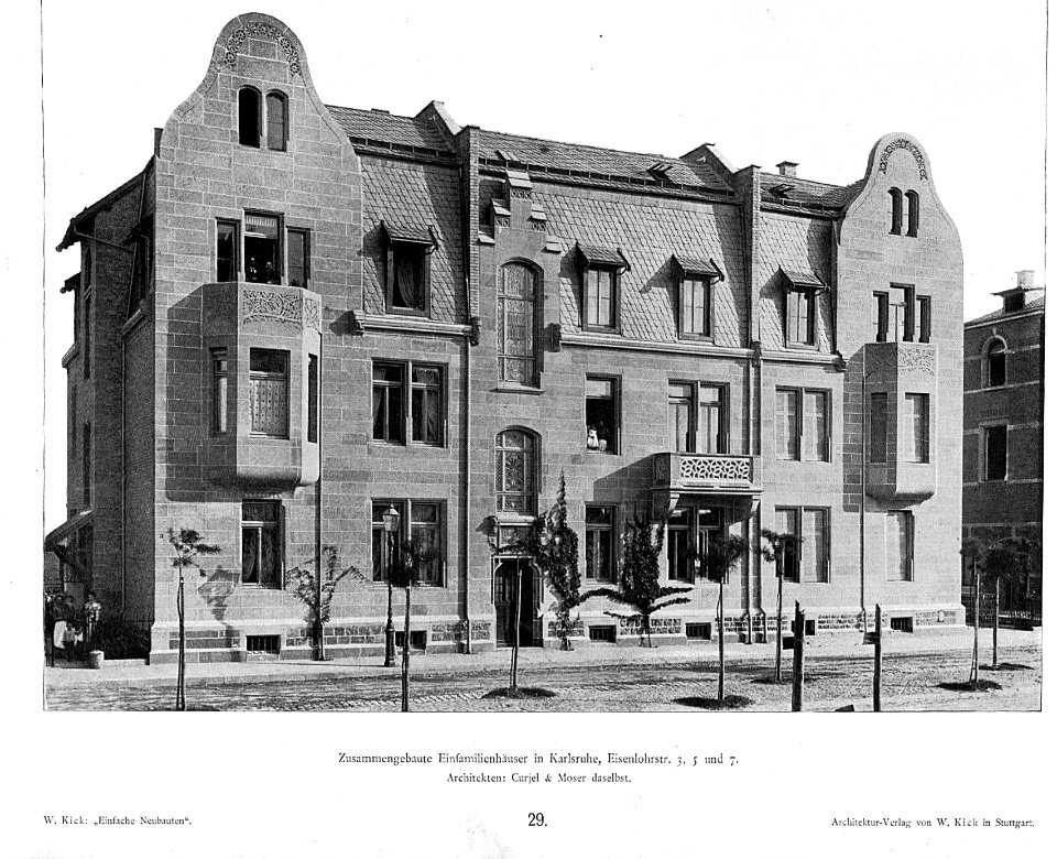 Wilhelm Kick, Einfache Neubauten, Stuttgart 1890, Zusammengebaute Einfamilienhäuser in Karlsruhe, Eisenlohrstraße 3, 5 und 7, Architekten Curjel & Moser aus Karlsrueh
