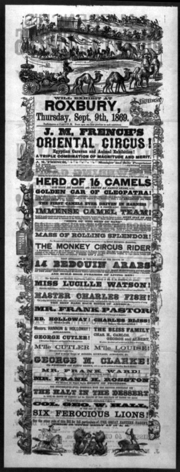 Will exhibit at Roxbury, Thursday, Sept. 9th, 1869, J.M. French's Oriental Circus! LCCN2002711616