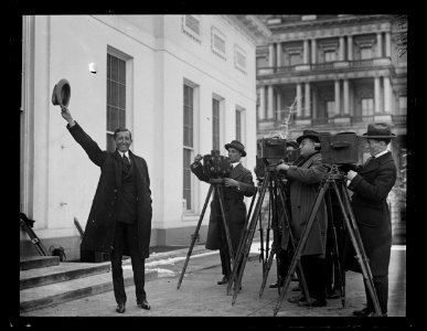 William Harrison Hays and photographers outside White House, Washington, D.C. LCCN2016891282