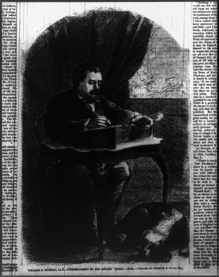 William Howard Russell, 1820-1907, full length portrait, seated at small table, writing, facing right. British war correspondent LCCN2006675497