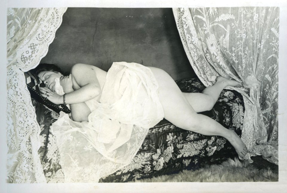 William Goldman, untitled (prostitute in brothel, lying on bed), 1892-1900, vintage gelatin silver print, 8.9 x 14 cm