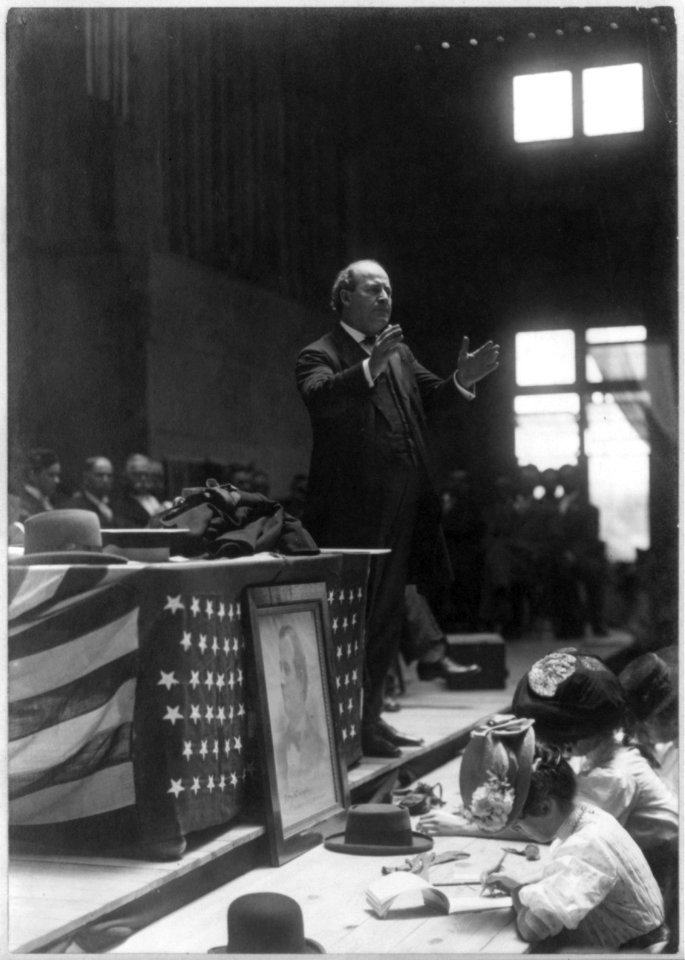 William Jennings Bryan, 1860-1925, full-length portrait, standing, facing right, arms extended, speaking LCCN2005691017