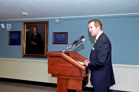 William S. Cohen speaks during a ceremony to unveil his official portrait