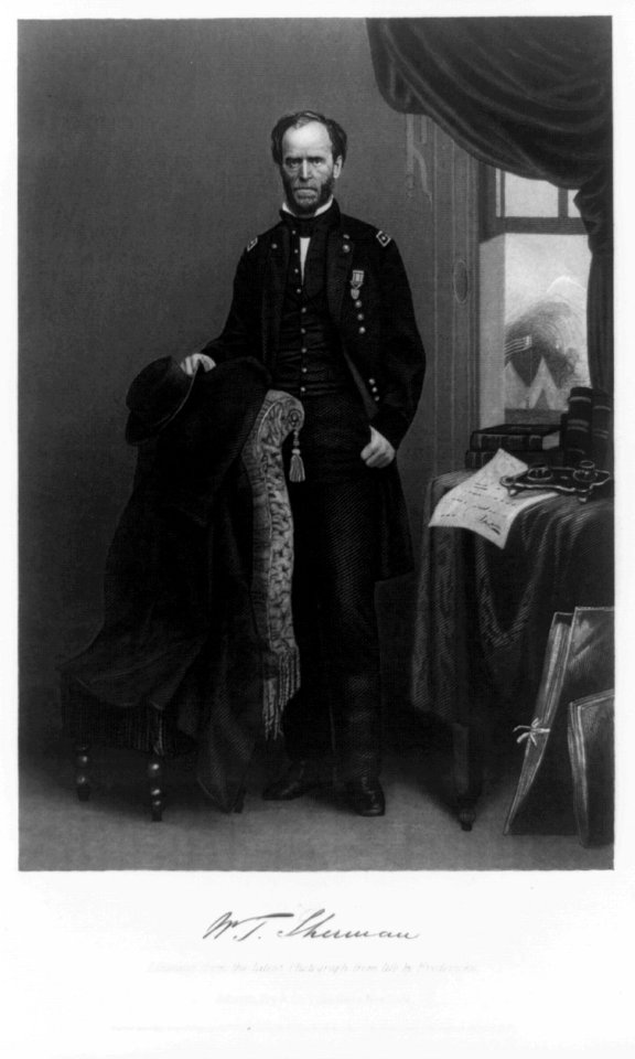 William Tecumseh Sherman, full-length portrait, facing front, right hand holding hat on back of chair LCCN96508379