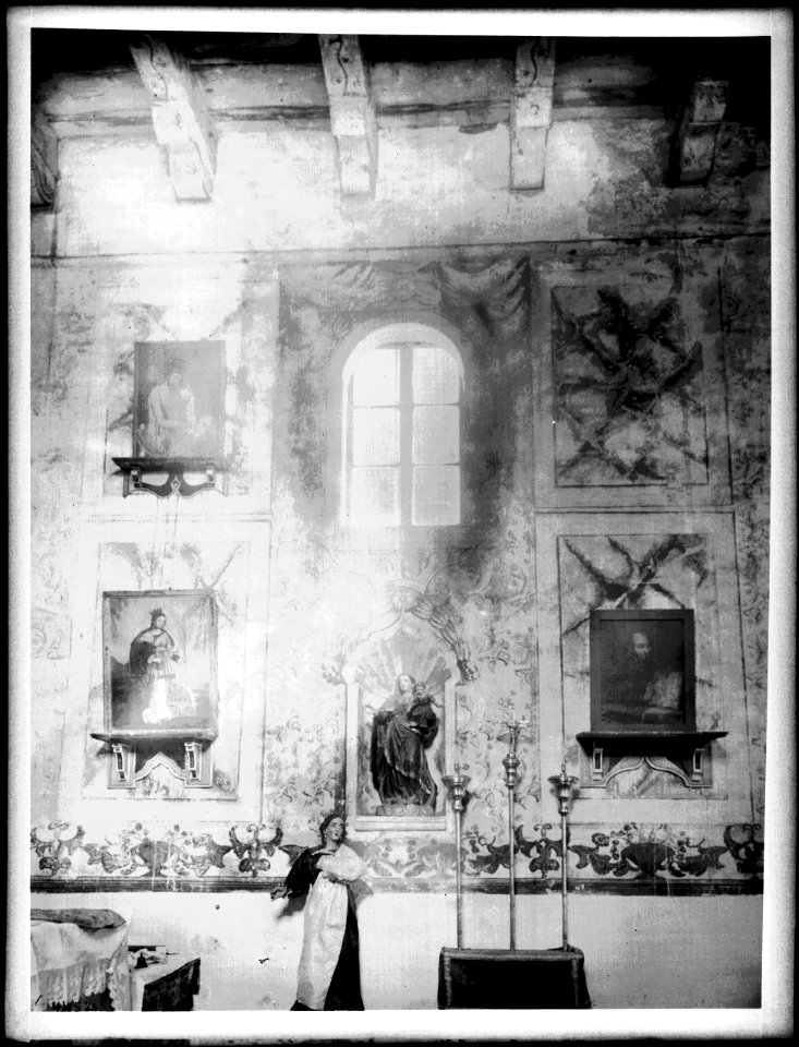 Window and paintings at side altar at Mission Santa Inez, ca.1900 (CHS-4452)