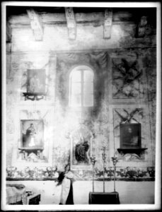 Window and paintings at side altar at Mission Santa Inez, ca.1900 (CHS-4452)