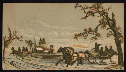 Winter outing with people riding in horse-drawn sleighs across a snow covered landscape toward a church in the distance LCCN2015651618 photo