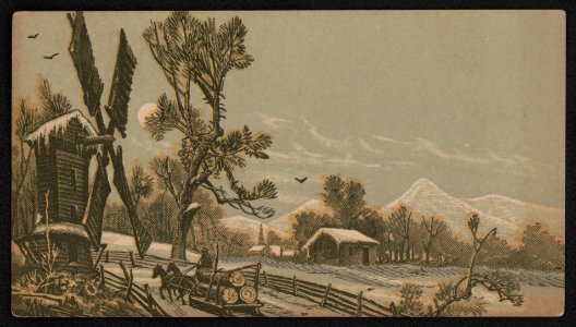 Winter scene with horse team hauling logs on a sledge past a windmill, with snow covered landscape, under a full moon LCCN2015651617