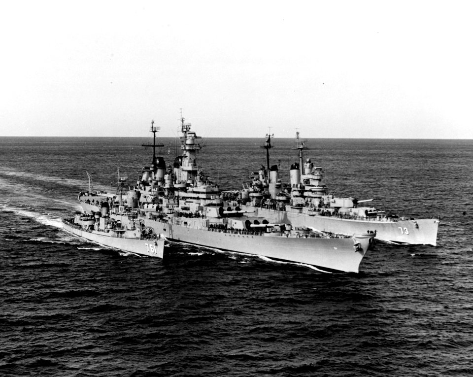 Wisconsin (BB-64), USS Saint Paul (CA-73) and USS Buck (DD-761) underway off Korea on 22 February 1952 (80-G-440021)