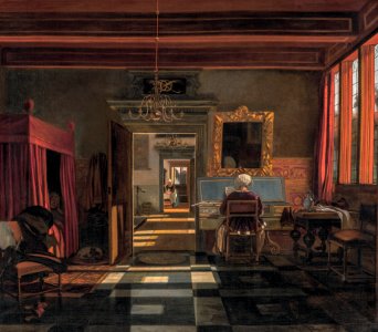Interior with a woman at a virginal, and an officer listening in the bed on the left, by Emanuel de Witte