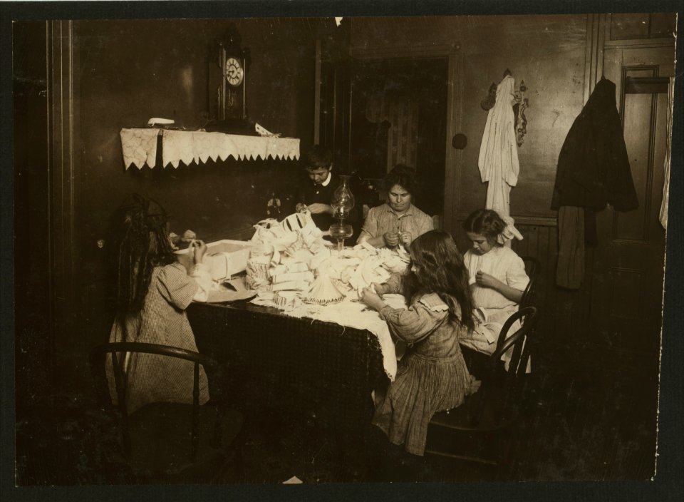 Witness F. A. Smith. Photo at 9 P.M. Home of Patrick McGurl (mechanic), 136 Exchange Street, Worcester, Mass. Working on hose supporters. All work, 6-year-old, 8-year-old, 11-year-old, LOC cph.3a38586