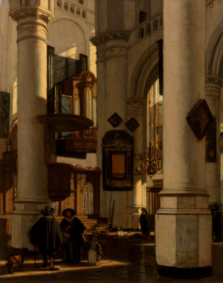 Interieur van een protestantse, gotische kerk, met een grafdelver in het koor Rijksmuseum SK-A-4054