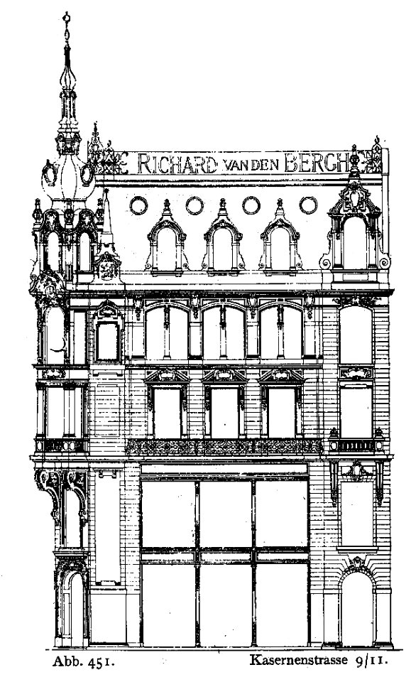 Wohn- und Geschäftshaus Kasernenstraße 9 und 11 in Düsseldorf, erbaut 1890, Architekt P. P. Fuchs, Bauherr Firma Richard van den Bergh
