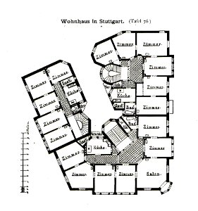 Wohnhaus Schlossstrasse 70 und 72, Stuttgart, Architekten Schmid & Burkhardt, Stuttgart, Tafel 76, Kick Jahrgang II, Grundriss