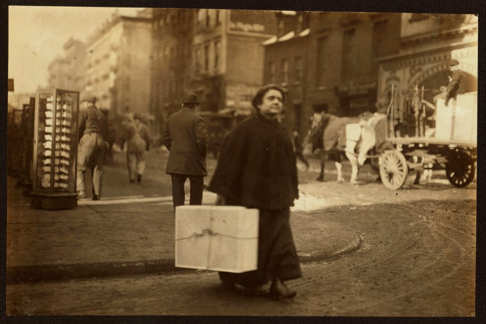 Woman carrying flowers home to work upon. Thompson St.,. LOC nclc.04168