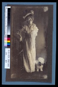 Woman descending the stairs with her white dog) - M. Prall LCCN2004676284