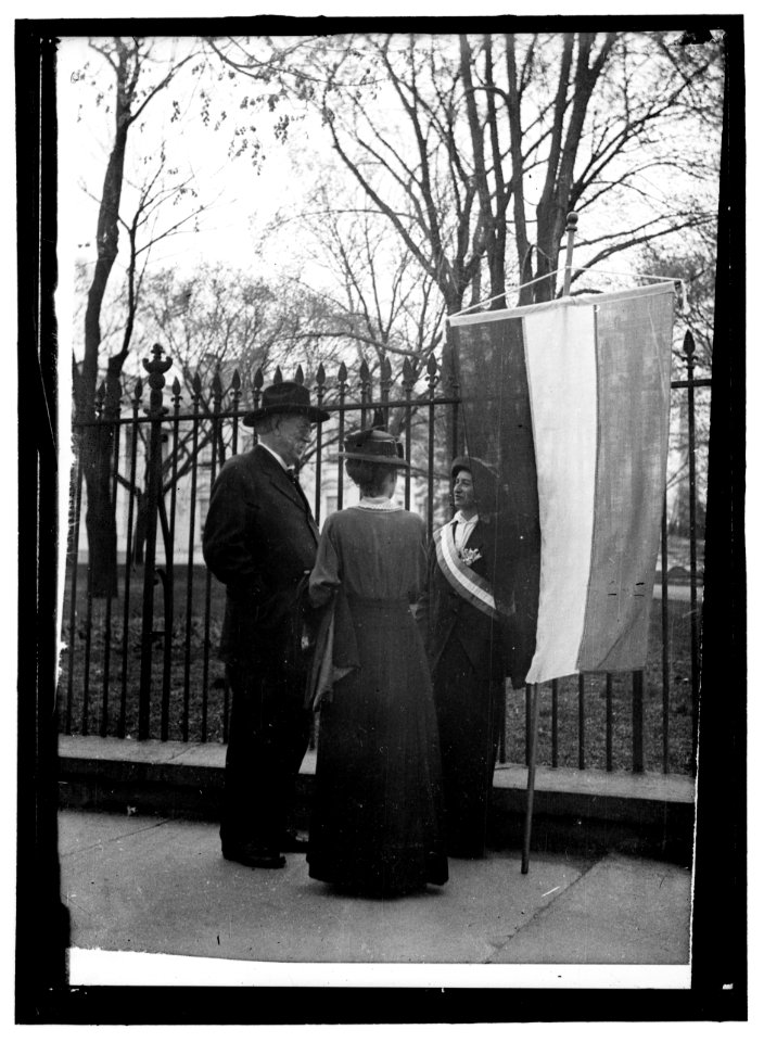 WOMAN SUFFRAGE. DAVID STARR JORDAN AND WIFE TALKING WITH WHITE HOUSE PICKET LCCN2016865577
