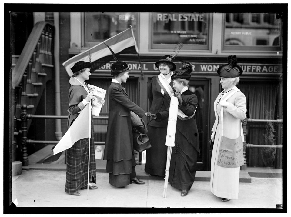 WOMAN SUFFRAGE. SECOND GROUP IN POLITICAL CAMPAIGN- ELSIE LANCASTER, 2ND FROM LEFT, TO WYOMING; MRS. IDA WATERS, CENTER LCCN2016865837