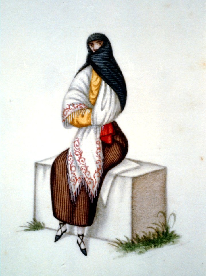 Woman wearing a tapada seated on a stone block, Peru LCCN00651666
