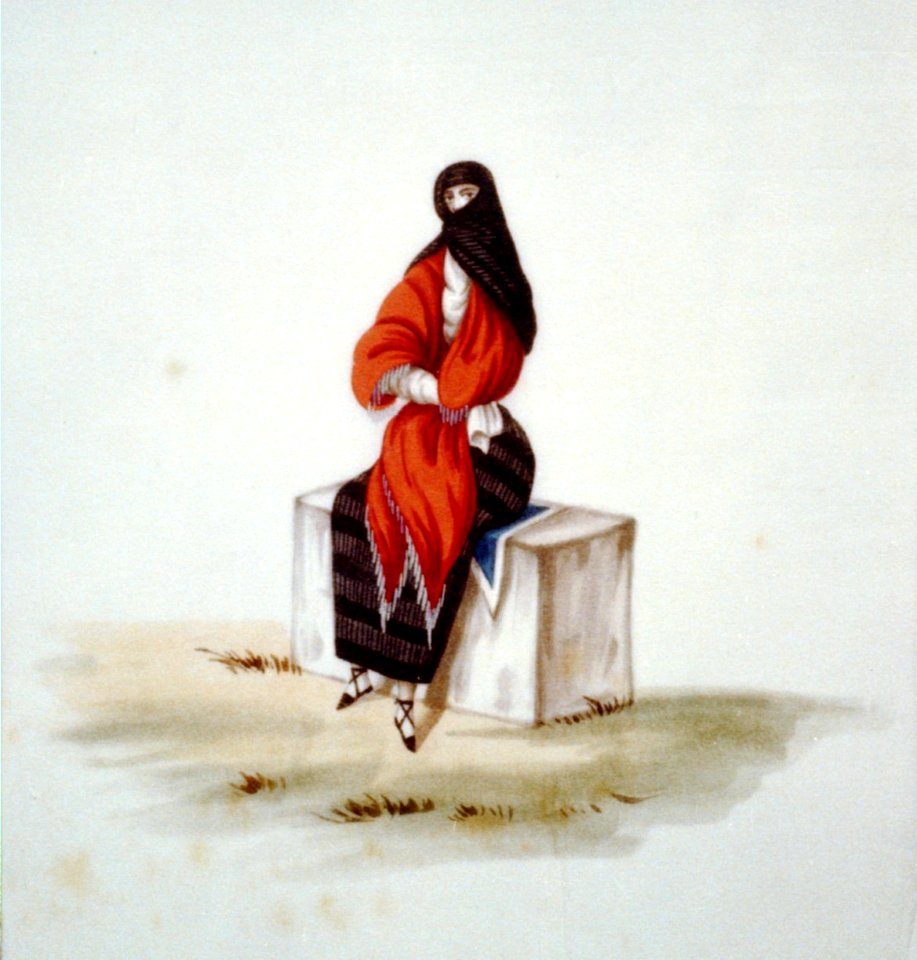 Woman wearing a tapada seated on a stone block, Peru LCCN00651671