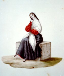 Woman wearing a tapada seated on a stone block, Peru LCCN00651662