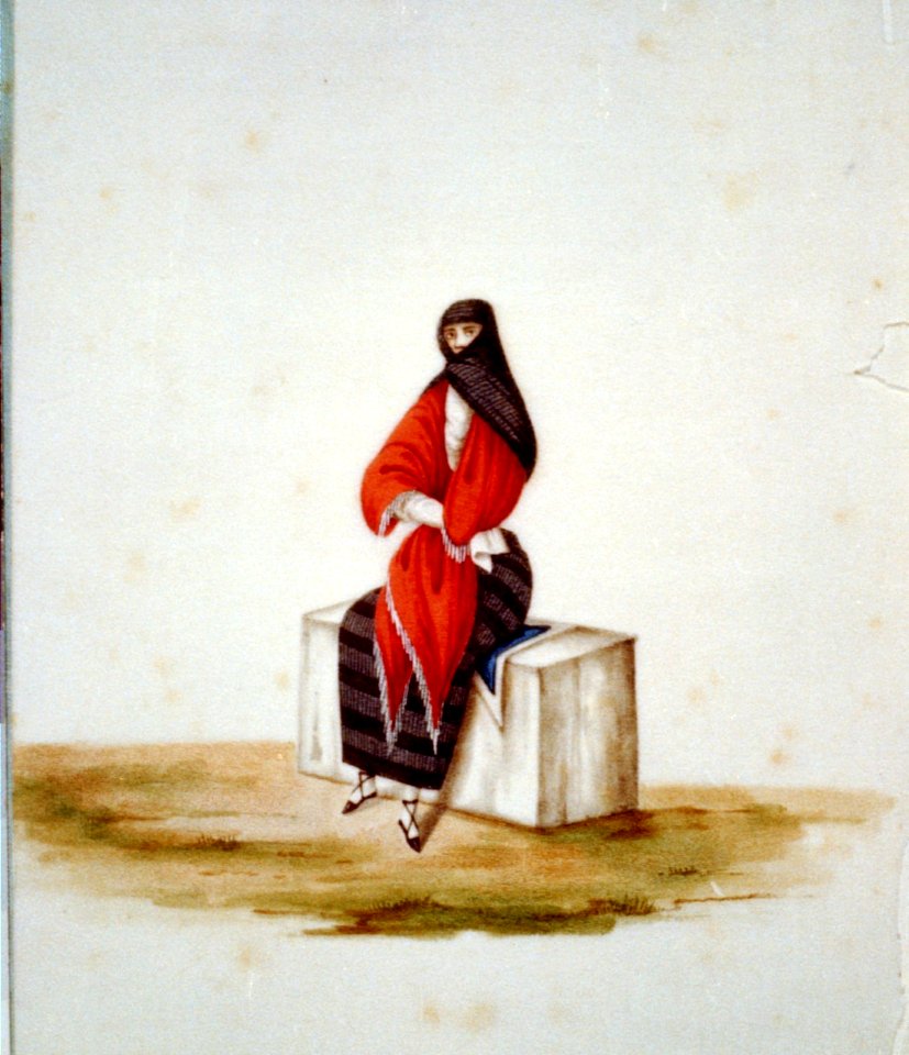 Woman wearing a tapada seated on a stone block, Peru LCCN00651679