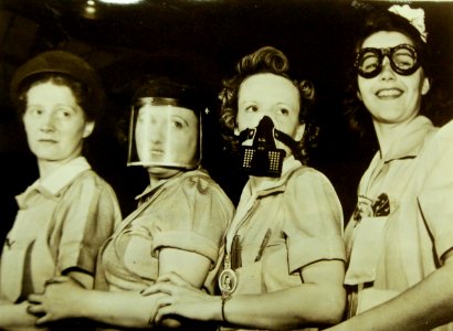 Women in factory wearing protective mask, goggles and respirator 1942 (23771595021)