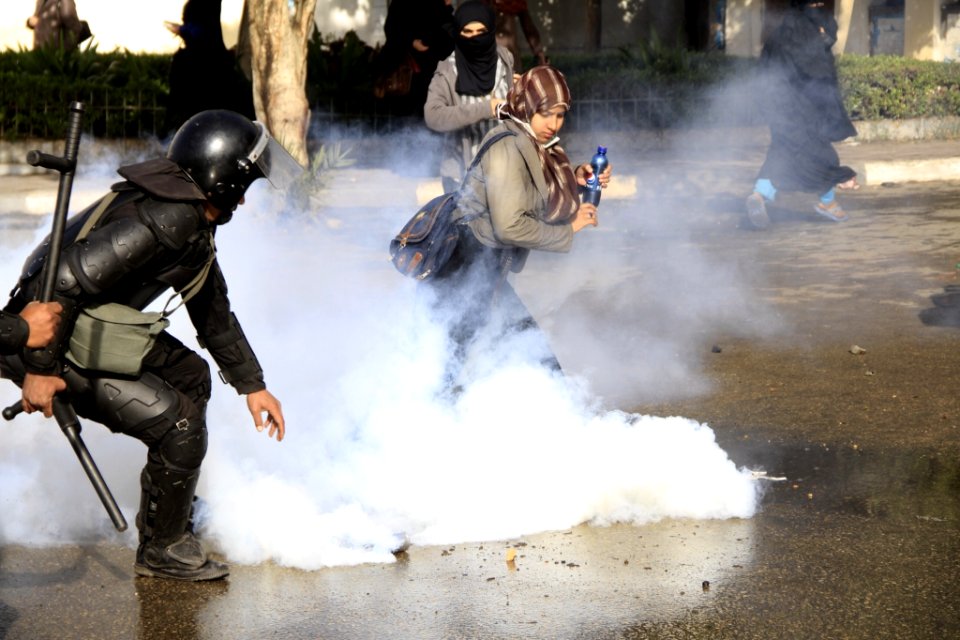 Women and tear gas - protest at Al-Azhar University Cairo 11-Dec-2013
